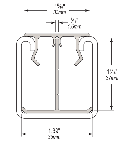 Dimensional drawing of Strut Krack cross-section showing precise measurements for the 1-5/8 inch by 1-5/8 inch strut channel, cable divider, and closure strip