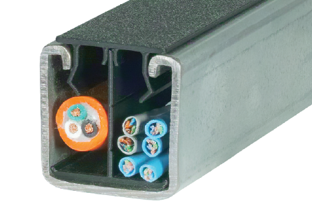 Cross-section view of Strut Krack raceway divider installed inside 1-5/8 inch strut channel, showing cable divider, closure strip, and separated power and signal cables